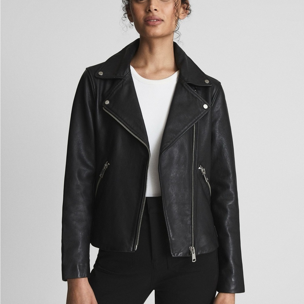 Reiss Black Leather Motorcycle Jacket Size Women's XS - Picture 3 of 16